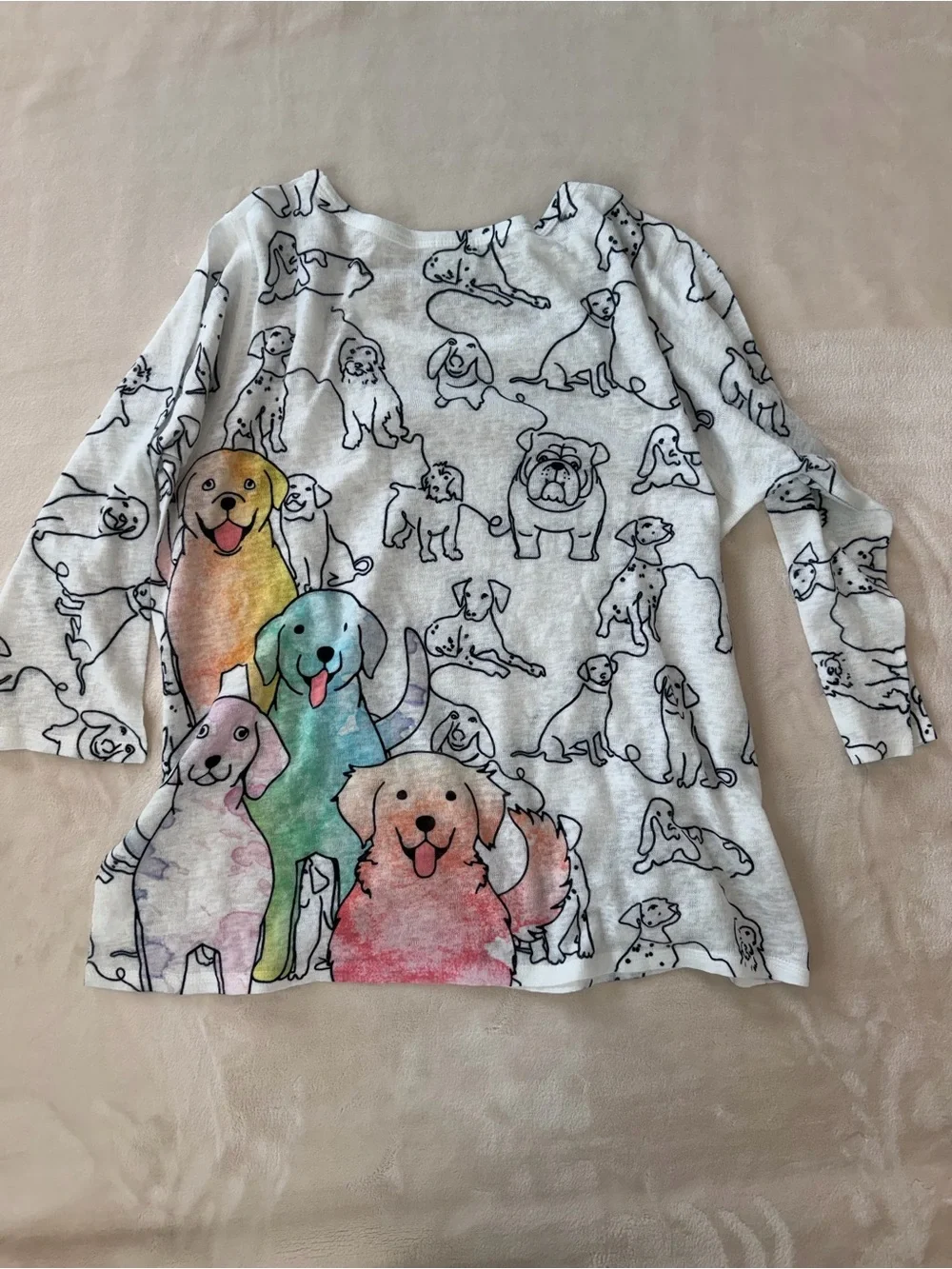 Et' Lois Colorful Dog Print Long Sleeve Tee White Novelty made in USA Medium